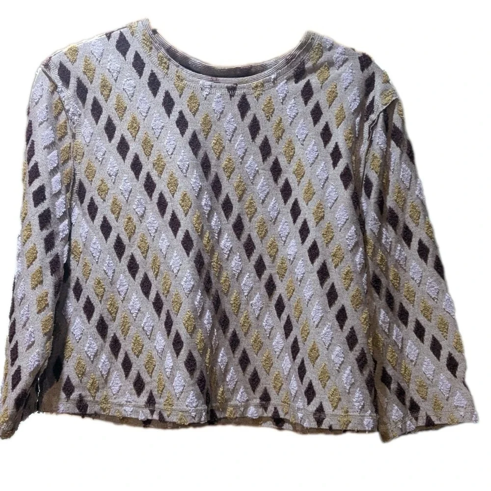 Free People Cropped Top Boxy‎ 3/4 Sleeve Mauve Mosaic Print Textured Size XL